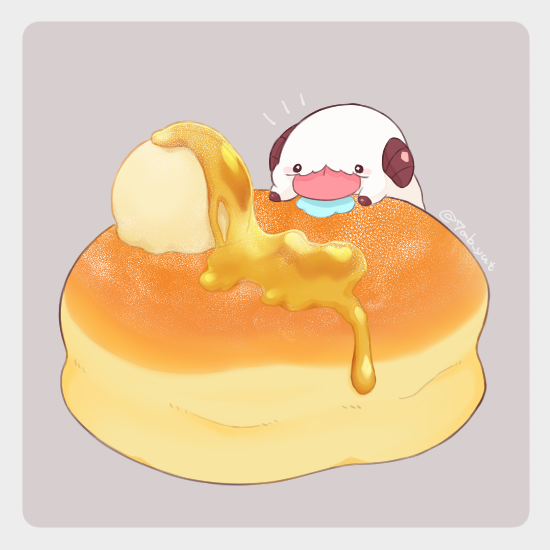 7mb_yut :3 animal_focus artist_name border food food_focus honey horns ice_cream league_of_legends mixed-language_commentary no_humans pancake poro_(league_of_legends) saliva simple_background syrup tongue tongue_out two-tone_background white_border