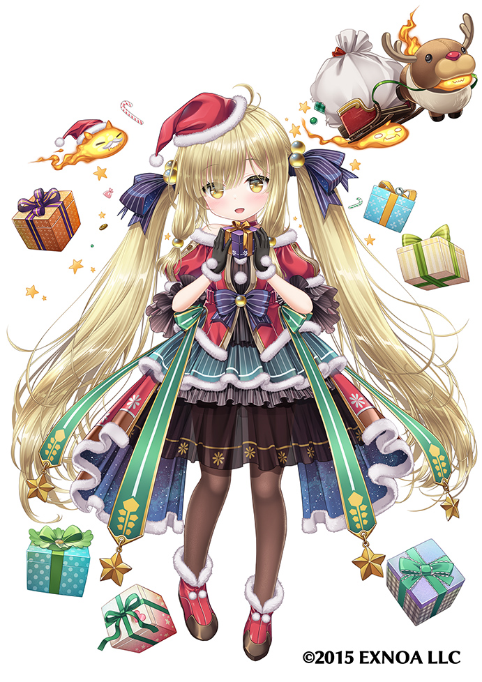 1girl :d black_gloves blonde_hair blue_bow bow brown_legwear choker christmas dress flower_knight_girl full_body gift gloves green_bow hair_bobbles hair_bow hair_ornament hat head_tilt holding holding_gift kei_kei koonitabirako_(flower_knight_girl) layered_dress long_hair looking_at_viewer official_art open_mouth pantyhose pom_pom_(clothes) red_footwear red_headwear reindeer sack santa_hat shoes simple_background sleigh smile solo standing twintails waist_bow white_background yellow_eyes