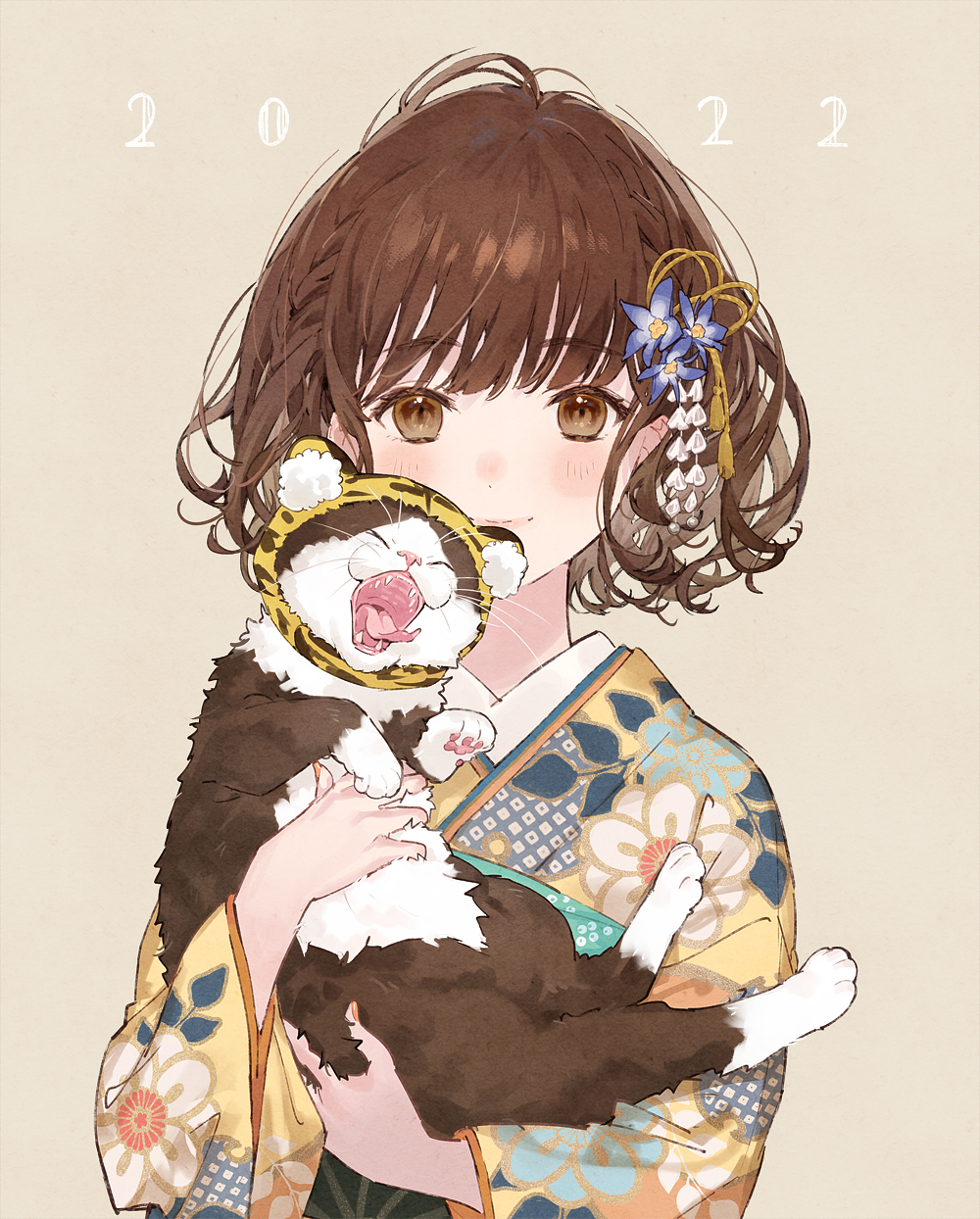 1girl 2022 animal animal_ear_fluff animal_ears animal_hood bangs beige_background blunt_bangs blush bob_cut brown_eyes brown_hair cat chinese_zodiac closed_eyes closed_mouth clothed_animal fake_animal_ears fangs fingernails floral_print flower furisode hair_flower hair_ornament highres holding holding_animal hood hood_up horiizumi_inko japanese_clothes kanzashi kimono looking_at_viewer nail_polish obi original pink_nails sash short_hair simple_background smile tiger_hood tongue tongue_out wavy_hair yawning year_of_the_tiger yellow_kimono