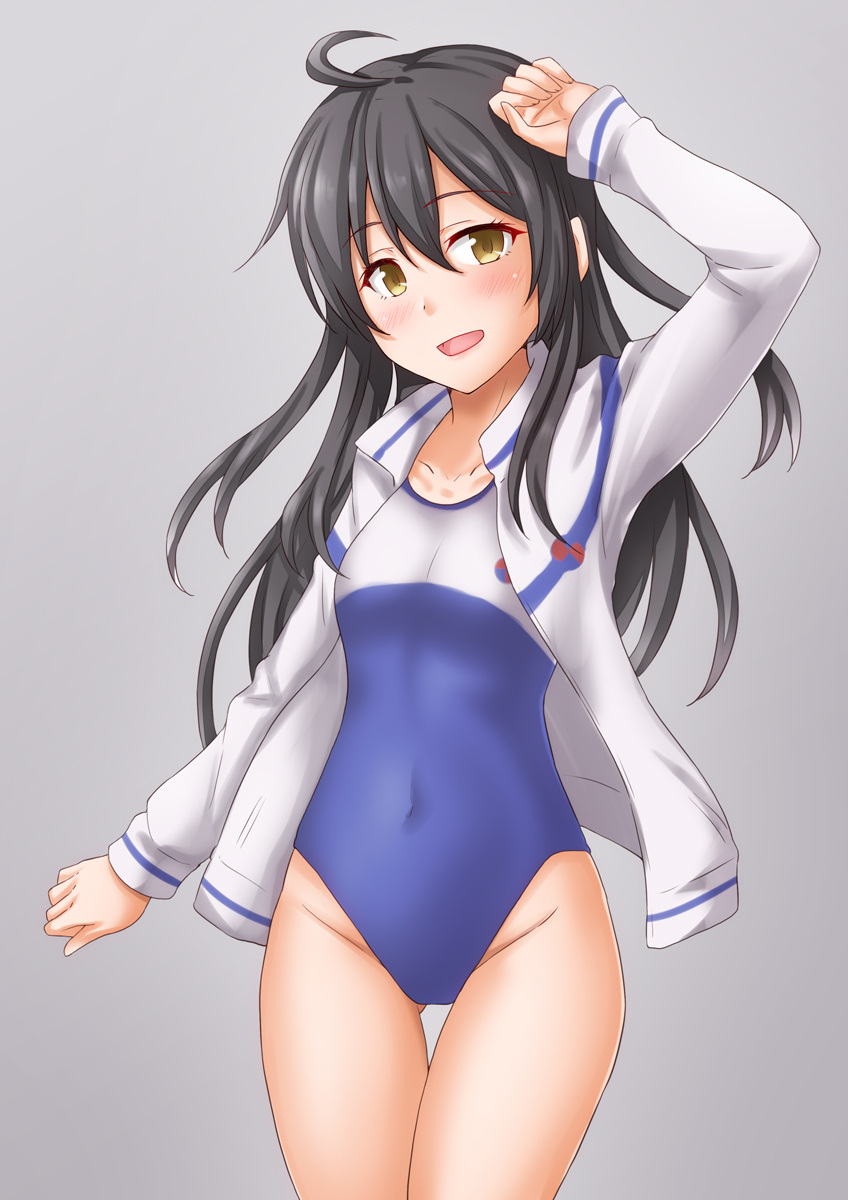 1girl ahoge anti_(untea9) arms_up ass_visible_through_thighs black_hair blue_swimsuit breasts collarbone competition_school_swimsuit cowboy_shot crescent_moon eyebrows_visible_through_hair gradient gradient_background grey_background hair_between_eyes high_school_fleet highres jacket kantai_collection long_hair mikazuki_(kancolle) moon one-piece_swimsuit open_mouth small_breasts smile solo swimsuit swimsuit_under_clothes two-tone_swimsuit white_jacket white_swimsuit yellow_eyes