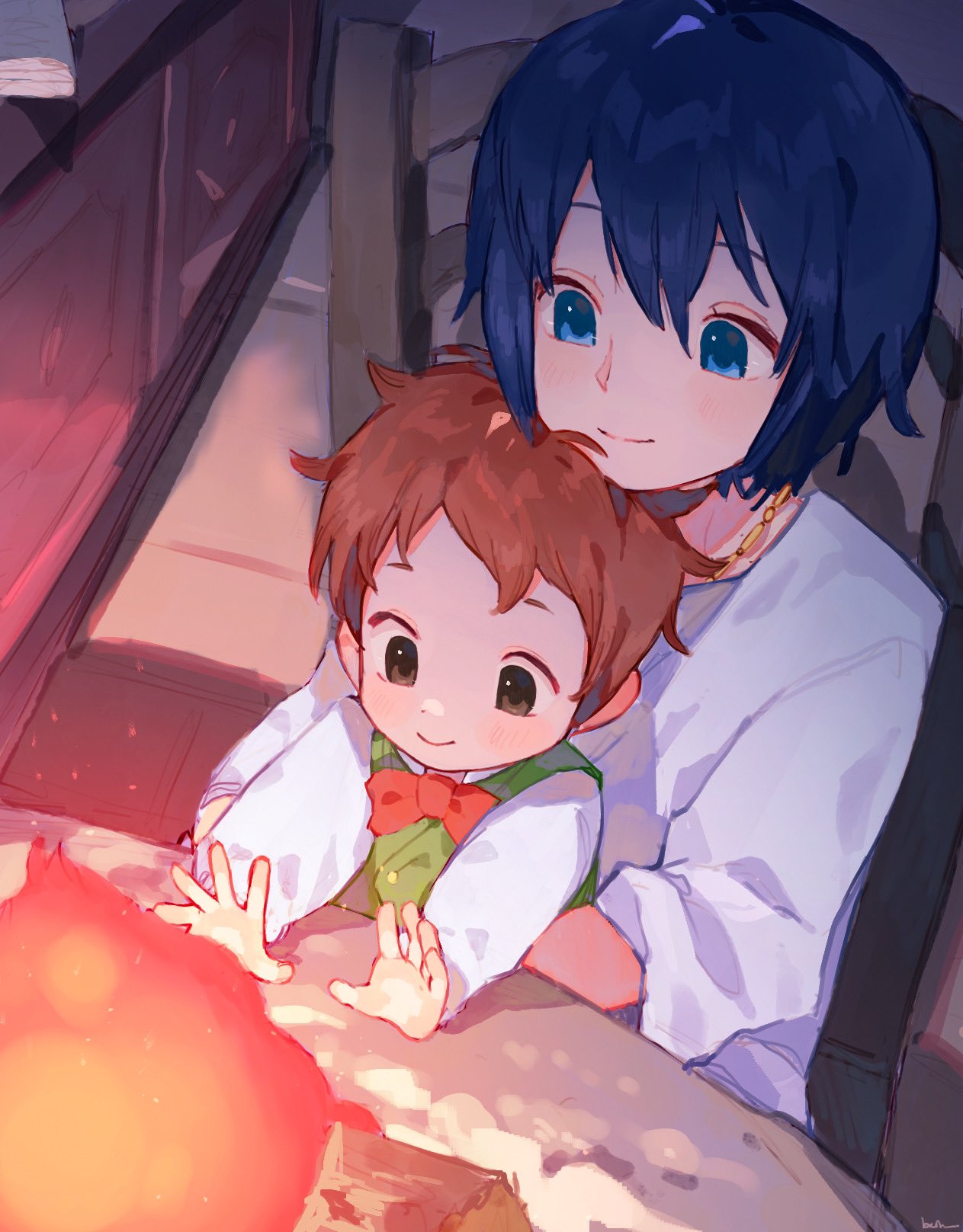 2boys blue_eyes blue_hair bow bowtie brown_hair calcifer chair character_request child commentary dress english_commentary fire green_eyes highres holding howl_(howl_no_ugoku_shiro) howl_no_ugoku_shiro indoors jewelry long_sleeves markl multiple_boys necklace outstretched_arms short_hair sitting smile thebrushking
