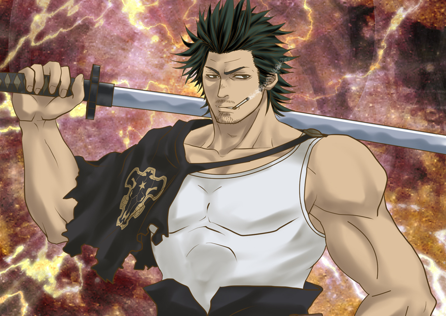 1boy black_bull_(emblem) black_clover black_hair cape capelet cigarette collarbone facial_hair goatee holding holding_sword holding_weapon insignia long_sideburns male_focus mature_male multicolored_background muscular muscular_male mustache pectorals print_capelet shirt short_hair sideburns sidepec single_bare_arm single_bare_shoulder sleeveless sleeveless_shirt smoking solo stubble sword tank_top torn_cape torn_clothes weapon white_tank_top yami_sukehiro youriru