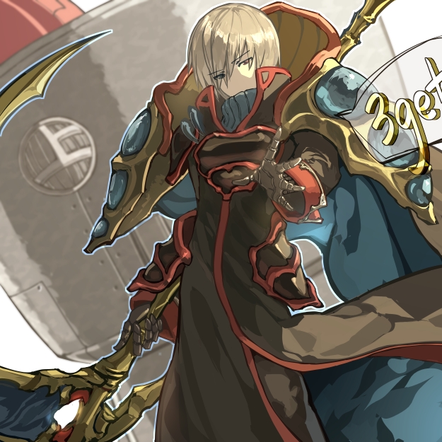 1boy arm_at_side armor bad_id bad_pixiv_id black_armor black_coat black_pants blue_cape blue_outline blue_sweater breastplate cape coat elona eyebrows_visible_through_hair eyes_visible_through_hair faulds grey_hair hair_over_one_eye half-closed_eyes harusame_(rueken) high_collar holding holding_scythe holding_weapon long_coat long_sleeves looking_at_viewer male_focus mani_of_machine mechanical_arms mechanical_parts one_eye_covered outline outstretched_hand pants pauldrons prosthesis prosthetic_arm red_eyes scythe shiny shiny_hair short_hair shoulder_armor solo speech_bubble standing sweater turtleneck turtleneck_sweater weapon white_outline