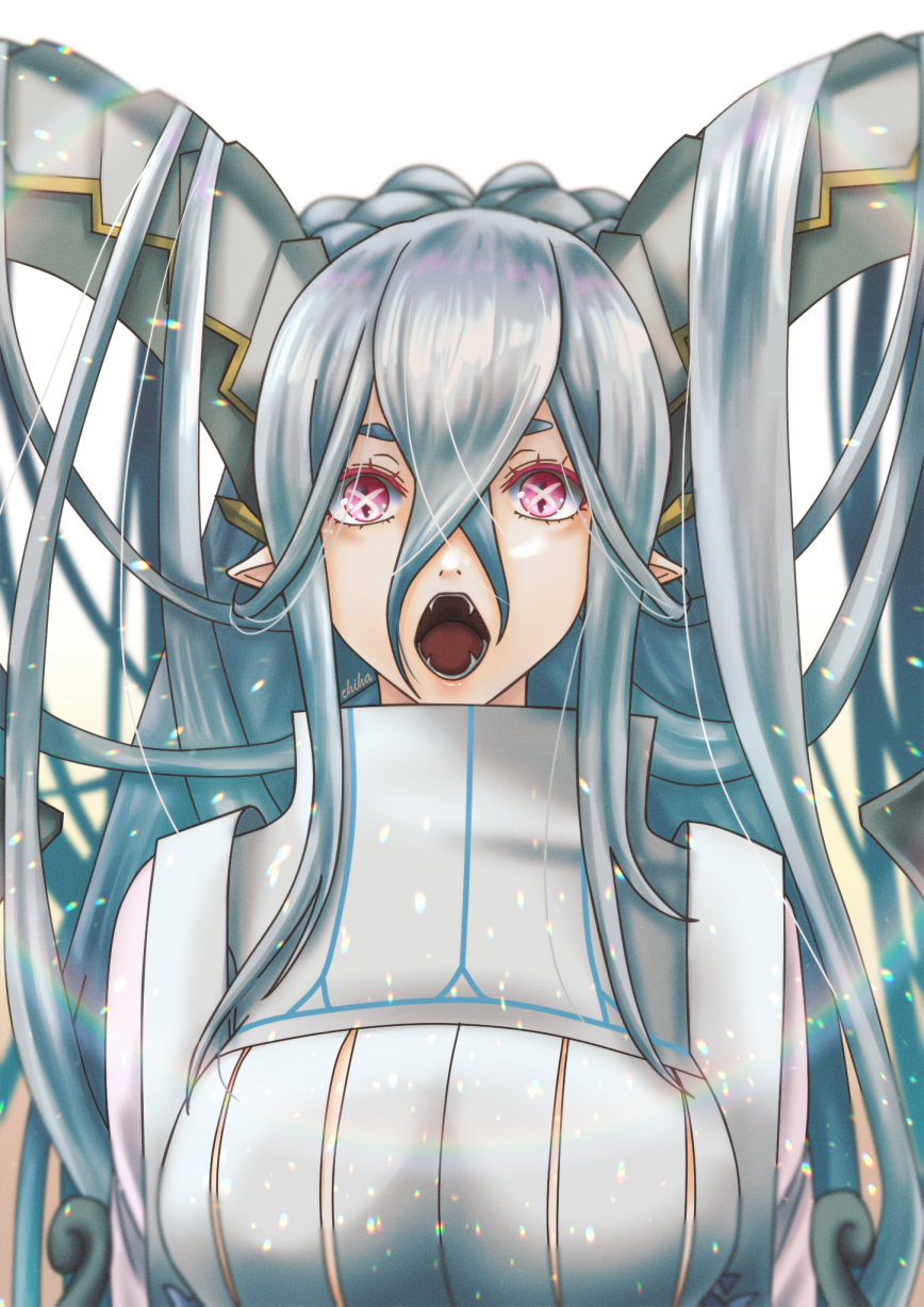 1girl :o bangs blue_hair braid breasts chi_wa crossed_bangs curled_horns dragon_girl dress fangs fate/grand_order fate/grand_order_arcade fate_(series) highres horns large_breasts larva_tiamat_(fate) long_hair long_horns looking_at_viewer pointy_ears ribbed_dress short_eyebrows simple_background solo symbol-shaped_pupils tiamat_(fate) upper_body very_long_hair violet_eyes white_background x_x