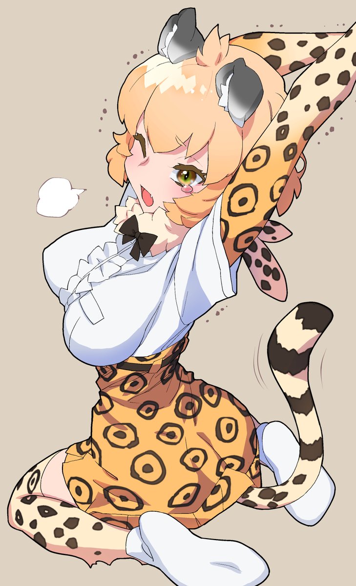 1girl animal_ears black_bow black_bowtie blonde_hair boots bow bowtie brown_hair center_frills commentary_request elbow_gloves eyebrows_visible_through_hair fang frills from_behind fur_collar gloves green_eyes high-waist_skirt highres jaguar_(kemono_friends) jaguar_ears jaguar_girl jaguar_print jaguar_tail kemono_friends multicolored_hair one_eye_closed oomabu_shichirou open_mouth print_gloves print_legwear print_skirt shirt short_hair short_sleeves sitting skirt solo stretch tail thigh-highs wariza white_footwear white_fur white_shirt zettai_ryouiki