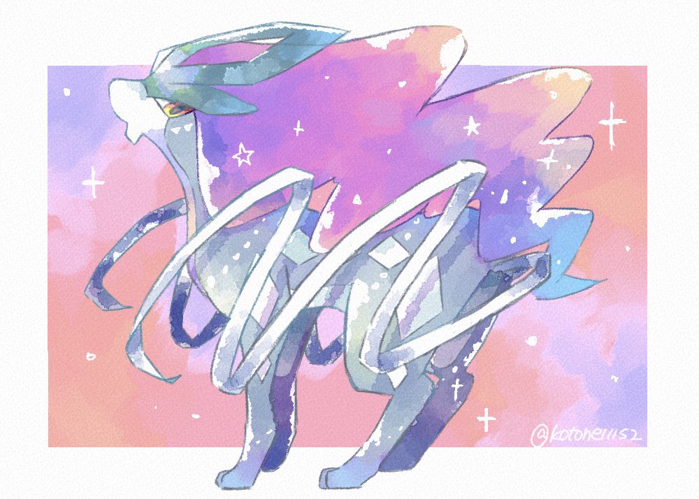 animal_focus commentary_request full_body kotone11152 looking_to_the_side no_humans orange_eyes pokemon pokemon_(creature) solo sparkle standing star_(symbol) suicune twitter_username