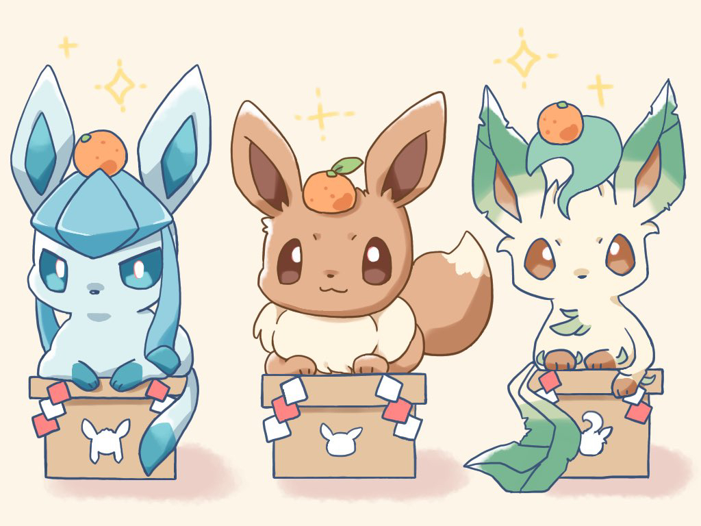 :3 animal_focus blue_eyes box brown_eyes closed_mouth commentary_request eevee food food_on_head fruit fruit_on_head glaceon kana_(maple926) leafeon new_year no_humans object_on_head orange_(fruit) pink_background pokemon pokemon_(creature) shadow simple_background spark yellow_eyes