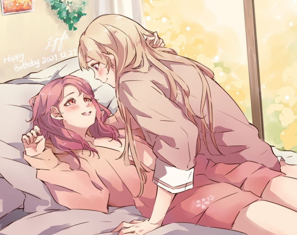 2girls aiiro_bokujuu arm_support bang_dream! blonde_hair blush brown_shirt closed_mouth dated eye_contact hand_in_another's_hair happy_birthday hood hoodie indoors long_hair looking_at_another maruyama_aya multiple_girls on_bed pajamas parted_lips pillow pink_hair pink_hoodie red_eyes shirasagi_chisato shirt signature smile symbol-only_commentary yuri