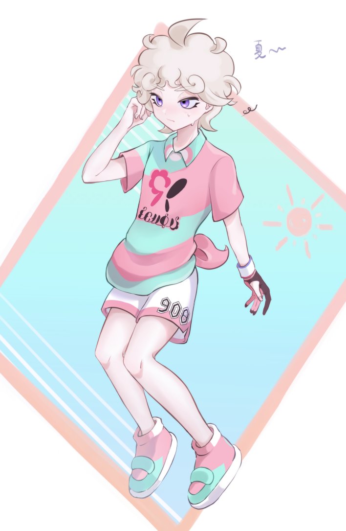 1boy ahoge bangs bede_(pokemon) blonde_hair closed_mouth collared_shirt curly_hair dynamax_band eyelashes full_body gloves gvzzgl hand_up knees male_focus no_legwear partially_fingerless_gloves pink_footwear pink_shirt pokemon pokemon_(game) pokemon_swsh shirt shoes short_hair shorts single_glove solo tied_shirt violet_eyes white_shorts