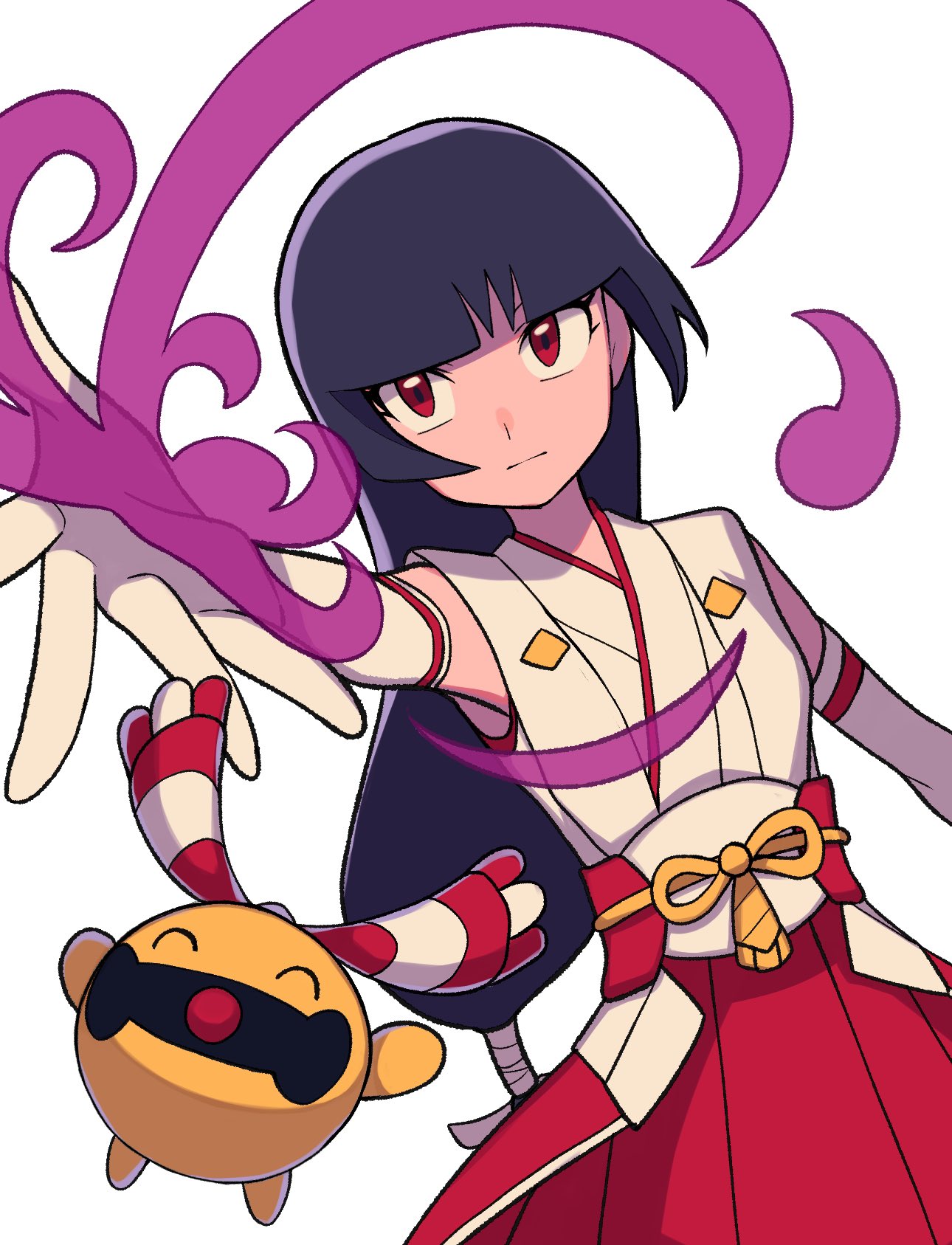 1girl bangs black_hair blunt_bangs chingling closed_mouth commentary_request elbow_gloves eyelashes gloves highres long_hair official_alternate_costume outstretched_arm pleated_skirt pokemon pokemon_(creature) pokemon_(game) pokemon_masters_ex red_eyes red_skirt sabrina_(pokemon) simple_background skirt tyako_089 white_background white_gloves