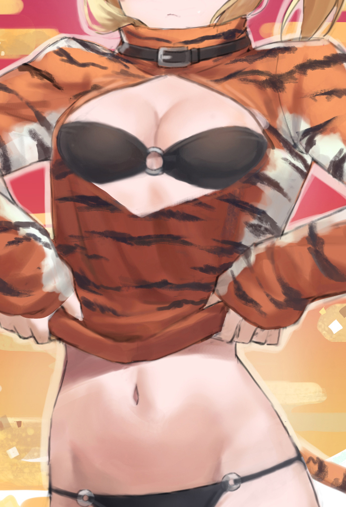 1girl animal_costume animal_print belt_collar bikini black_bikini blonde_hair breasts chinese_zodiac cleavage_cutout closed_mouth clothes_lift clothing_cutout collar cowboy_shot fate/apocrypha fate_(series) head_out_of_frame long_sleeves mordred_(fate) mordred_(fate/apocrypha) navel o-ring o-ring_bikini shirt_lift small_breasts solo stomach swimsuit tail tiger_costume tiger_print tiger_tail tonee year_of_the_tiger