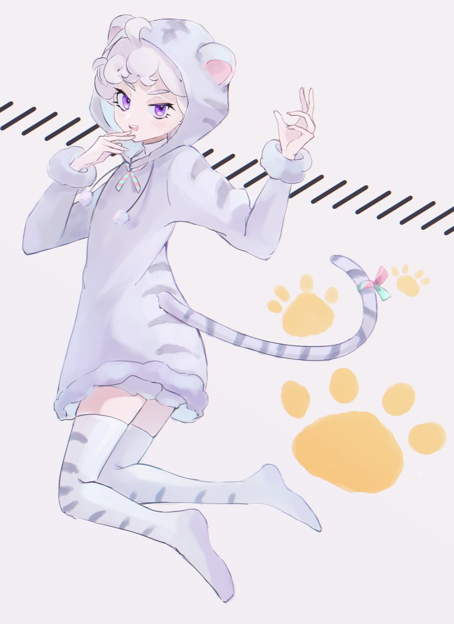 1boy ahoge alternate_costume animal_print bangs bede_(pokemon) curly_hair eyelashes full_body gvzzgl hands_up highres hood hood_up long_sleeves male_focus neck_ribbon open_mouth paw_print pokemon pokemon_(game) pokemon_swsh ribbon short_hair smile solo striped striped_ribbon symbol-only_commentary tail teeth thigh-highs tiger_print tiger_tail tongue upper_teeth violet_eyes white_background white_hair white_legwear