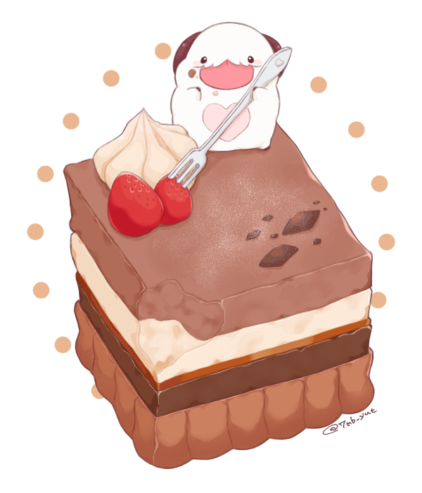 7mb_yut :3 :p artist_name bite_mark cake chocolate_cake cream facial_hair food food_focus food_on_face fork fruit heart holding holding_fork horns league_of_legends looking_at_viewer mixed-language_commentary mustache no_humans poro_(league_of_legends) simple_background standing strawberry tongue tongue_out white_background