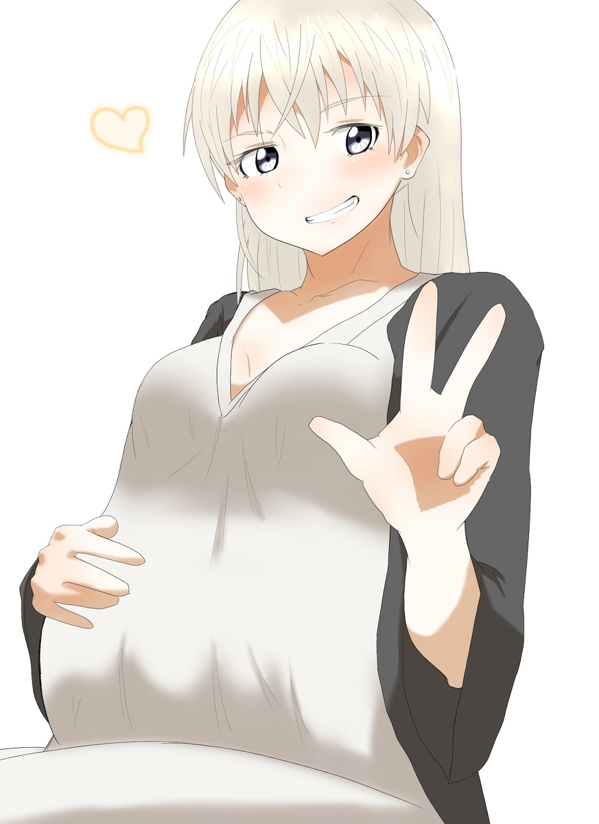 1girl artist_request blue_eyes blush breasts collarbone eila_ilmatar_juutilainen eyebrows_visible_through_hair grin hand_on_own_stomach happy heart highres long_hair looking_at_viewer pregnant shiny shiny_hair shiny_skin silver_hair simple_background small_breasts smile solo source_request strike_witches w white_background world_witches_series