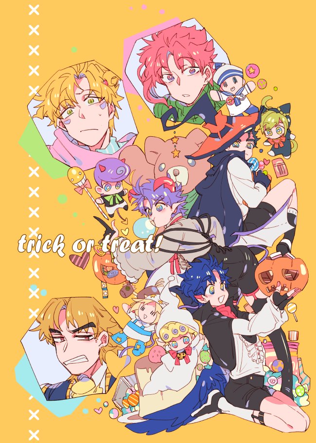 1girl 6+boys animal_costume black_hair blonde_hair blue_hair bubble_blowing caesar_anthonio_zeppeli candy cape cat_costume character_doll chibi cosplay demon_horns demon_wings diamond_wa_kudakenai dio_brando family food ghost_costume giorno_giovanna green_hair halloween hat higashikata_josuke higashikata_josuke_(jojolion) horns inset jack-o'-lantern johnny_joestar jojo_no_kimyou_na_bouken jojolion jonathan_joestar joseph_joestar joseph_joestar_(young) kakyoin_noriaki kigurumi kujo_jolyne kujo_jotaro low_wings multiple_boys phantom_blood purple_hair redhead scarf senzzang stardust_crusaders steel_ball_run stone_ocean stuffed_animal stuffed_toy teddy_bear toy_horse vampire vento_aureo wings witch_hat