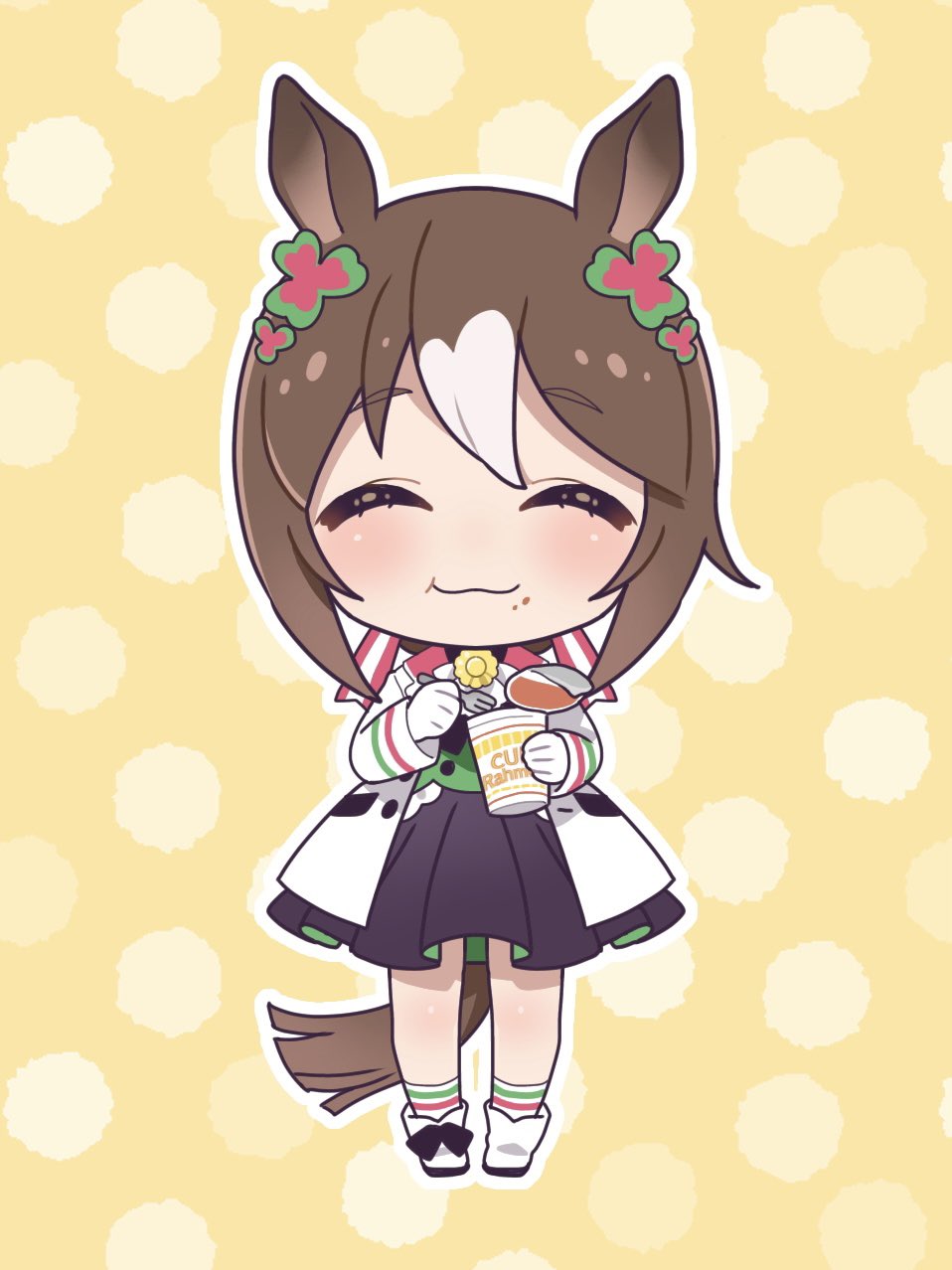 1girl :3 :t animal_ears bangs black_skirt blush boots brown_hair chibi closed_eyes clover_hair_ornament coat commentary_request fine_motion_(umamusume) food food_on_face fork full_body gloves hair_ornament highres holding holding_fork horse_ears horse_girl horse_tail long_hair medium_hair multicolored_hair ramen rn10r skirt socks solo tail two-tone_background two-tone_hair umamusume white_coat white_footwear white_gloves