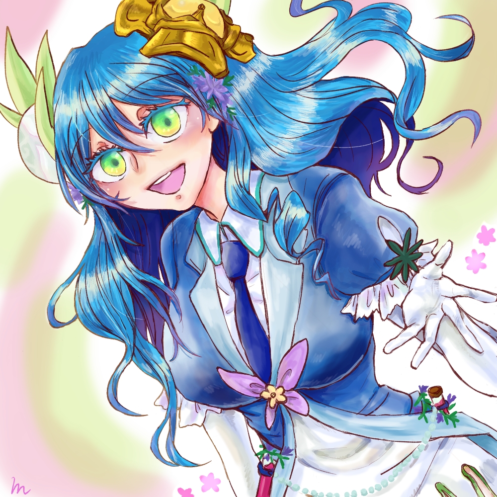 1girl :d absurdres aromaseraphy_rosemary bangs blue_eyes blue_hair blue_legwear blue_neckwear blush commentary duel_monster elbow_gloves eyebrows_visible_through_hair flower gloves hair_between_eyes highres holding holding_staff long_hair looking_at_viewer mamuchi necktie open_mouth outdoors smile solo staff thigh-highs white_gloves wings yu-gi-oh! yuu-gi-ou