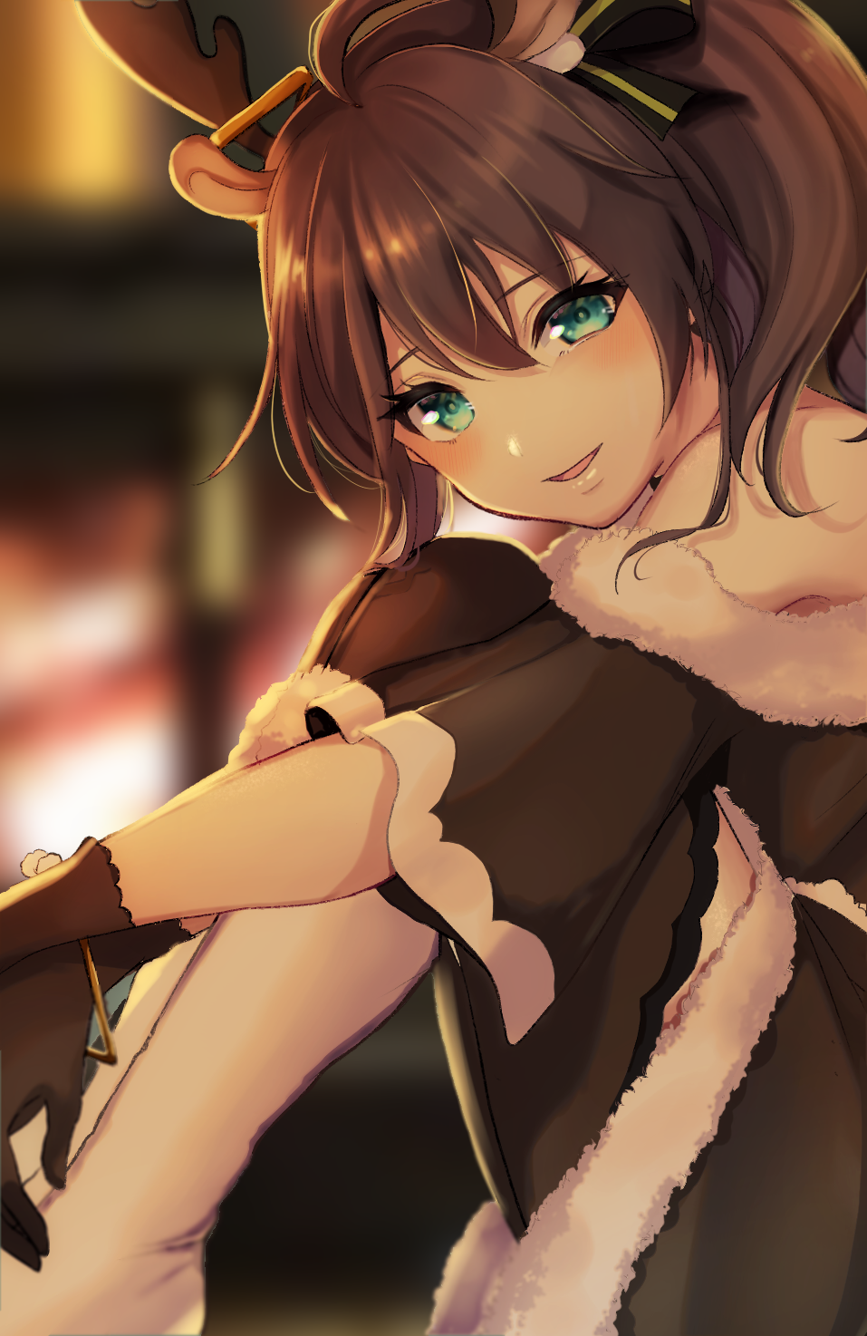 1girl :d animal_ears antlers bangs black_dress black_gloves black_legwear blurry blurry_background boots brown_hair deer_ears dress eyelashes from_side fur-trimmed_dress fur_trim gloves green_eyes hair_between_eyes highres hololive long_hair looking_at_viewer natsuiro_matsuri off-shoulder_dress off_shoulder open_mouth ponytail reindeer_antlers shiny shiny_hair short_dress short_sleeves sitting smile solo tako_8_yaki thigh-highs virtual_youtuber white_footwear