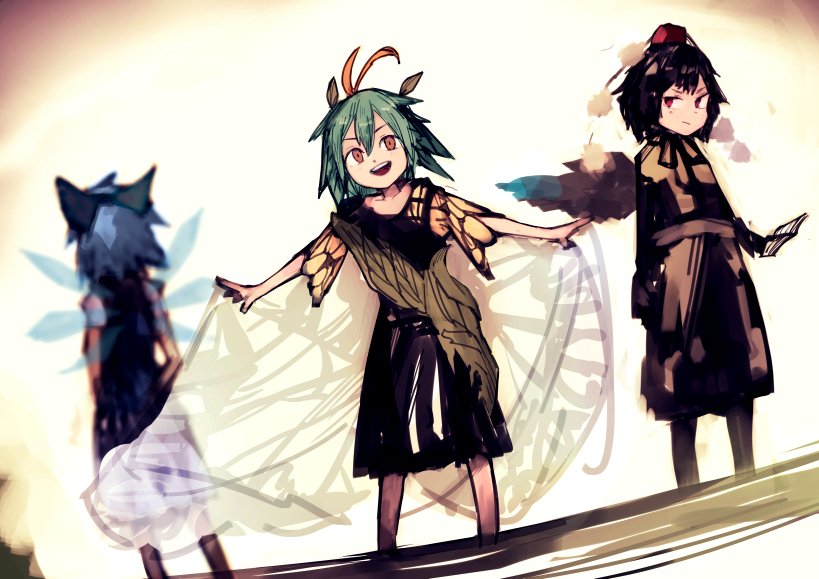 3girls adapted_costume antennae aqua_hair bad_id bad_pixiv_id bird_wings black_dress black_hair black_wings blue_bow blue_dress blue_hair blush book bow brown_eyes butterfly_wings cirno closed_mouth dress eternity_larva fairy feathered_wings hair_between_eyes hair_bow hat holding holding_book ice ice_wings leaf leaf_on_head multiple_girls open_mouth outstretched_arms pantacle pom_pom_(clothes) red_eyes red_headwear shameimaru_aya shirt short_hair smile spread_arms third-party_source tokin_hat touhou white_shirt wings