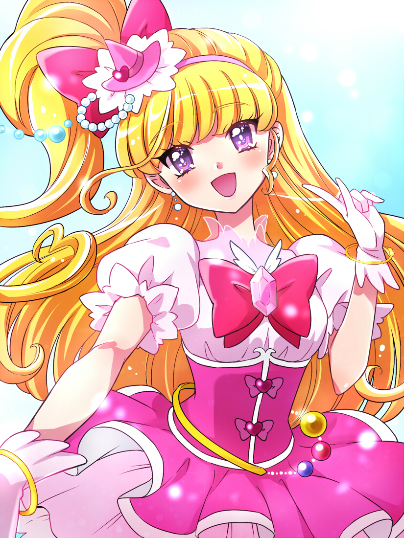 1girl :d asahina_mirai blonde_hair blue_background blush bow bracelet brooch cure_miracle earrings gem gloves hair_bow hairband hat jewelry kagami_chihiro long_hair looking_at_viewer magical_girl mahou_girls_precure! mini_hat mini_witch_hat open_mouth pink_bow pink_hairband pink_headwear pink_skirt precure puffy_sleeves shiny shiny_hair side_ponytail skirt smile solo upper_body violet_eyes white_gloves witch_hat