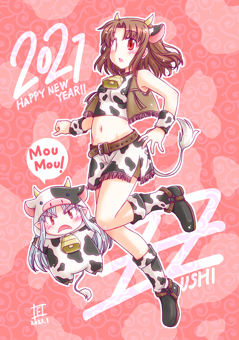 2021 2girls animal_costume animal_ears animal_print artist_name background_text bangs bell belt black_footwear blush boots brown_belt brown_hair brown_jacket chibi chinese_zodiac commentary_request cow_costume cow_ears cow_horns cow_print cow_tail cropped_jacket dated fake_animal_ears fake_horns fake_tail fang fringe_trim frown furafura horns jacket leg_up looking_at_viewer medium_hair midriff miniskirt multiple_girls navel neck_bell open_mouth parted_bangs pink_background pointy_ears print_footwear print_shirt print_skirt red_eyes shirt signature silver_hair skirt sleeveless sleeveless_jacket standing standing_on_one_leg tail tsukihime white_len_(tsukihime) white_shirt white_skirt wrist_cuffs year_of_the_ox yumizuka_satsuki