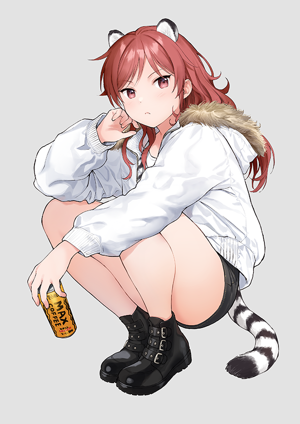 1girl animal_ears bare_legs black_footwear black_shorts boots can canned_coffee chigusa_asuha fur_trim grey_background holding hood hood_down hooded_jacket jacket long_hair long_sleeves looking_at_viewer qualidea_code red_eyes redhead sekiya_asami short_shorts shorts simple_background solo squatting tail thighs tiger_ears tiger_tail white_jacket