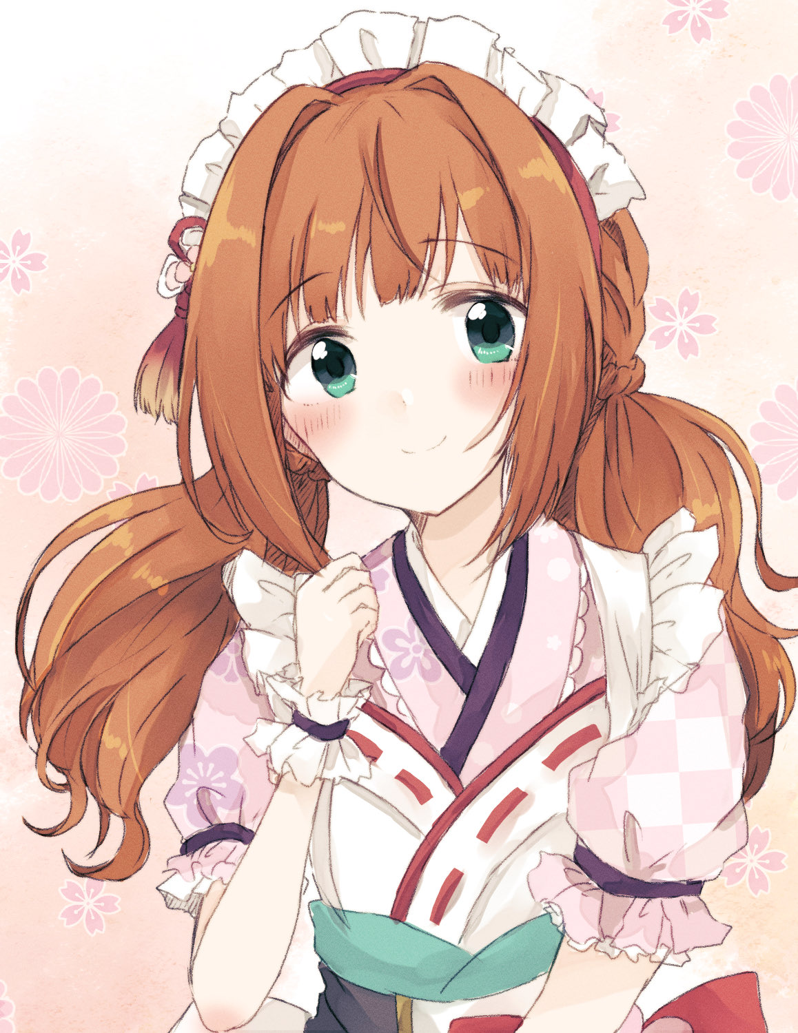 1girl ba_ra_ran blush clenched_hand eyebrows_visible_through_hair floral_print frilled_sleeves frills green_eyes hair_intakes highres idolmaster idolmaster_(classic) idolmaster_million_live! looking_at_viewer maid_headdress orange_hair patterned_background smile solo takatsuki_yayoi twintails upper_body wrist_cuffs