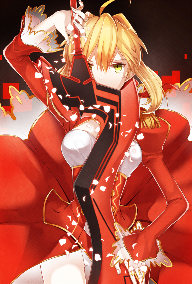 15nichi 1girl aestus_estus ahoge blonde_hair braid breasts cleavage commentary_request dress epaulettes fate/extra fate/grand_order fate_(series) french_braid green_eyes hair_intakes hair_ribbon juliet_sleeves large_breasts long_sleeves nero_claudius_(fate) nero_claudius_(fate)_(all) open_mouth puffy_sleeves red_dress red_ribbon ribbon saber_extra see-through solo sword weapon wide_sleeves