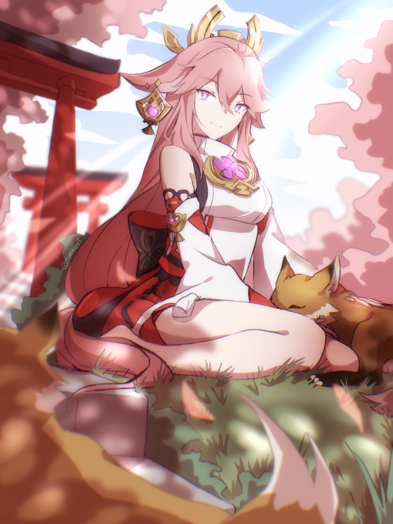 1girl animal_ears anklet armpit_crease bangs bare_shoulders blush branch breasts bright_pupils cherry_blossoms closed_mouth commentary_request day detached_sleeves earrings english_commentary eyelashes floral_print fox fox_ears fox_tail genshin_impact grass hair_between_eyes hair_ornament headgear highres japanese_clothes jewelry junebuart knees large_breasts legs light_rays long_hair looking_at_viewer low-tied_long_hair miko necklace obi outdoors parted_lips pink_hair priestess print_sleeves ribbon-trimmed_sleeves ribbon_trim sash sidelocks sitting sleeping smile solo sunlight tail tassel thick_thighs thighs torii tree turtleneck twitter_username violet_eyes white_pupils wide_sleeves yae_(genshin_impact) yokozuwari