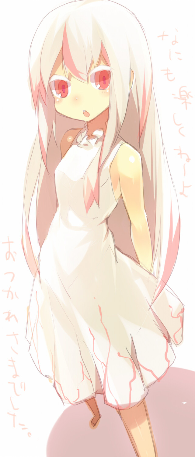 1girl albino arms_behind_back bangs bare_shoulders barefoot blush commentary dress from_above hair_between_eyes highres looking_at_viewer mamuru open_mouth original perspective red_eyes sidelocks simple_background sleeveless sleeveless_dress white_background white_dress white_hair
