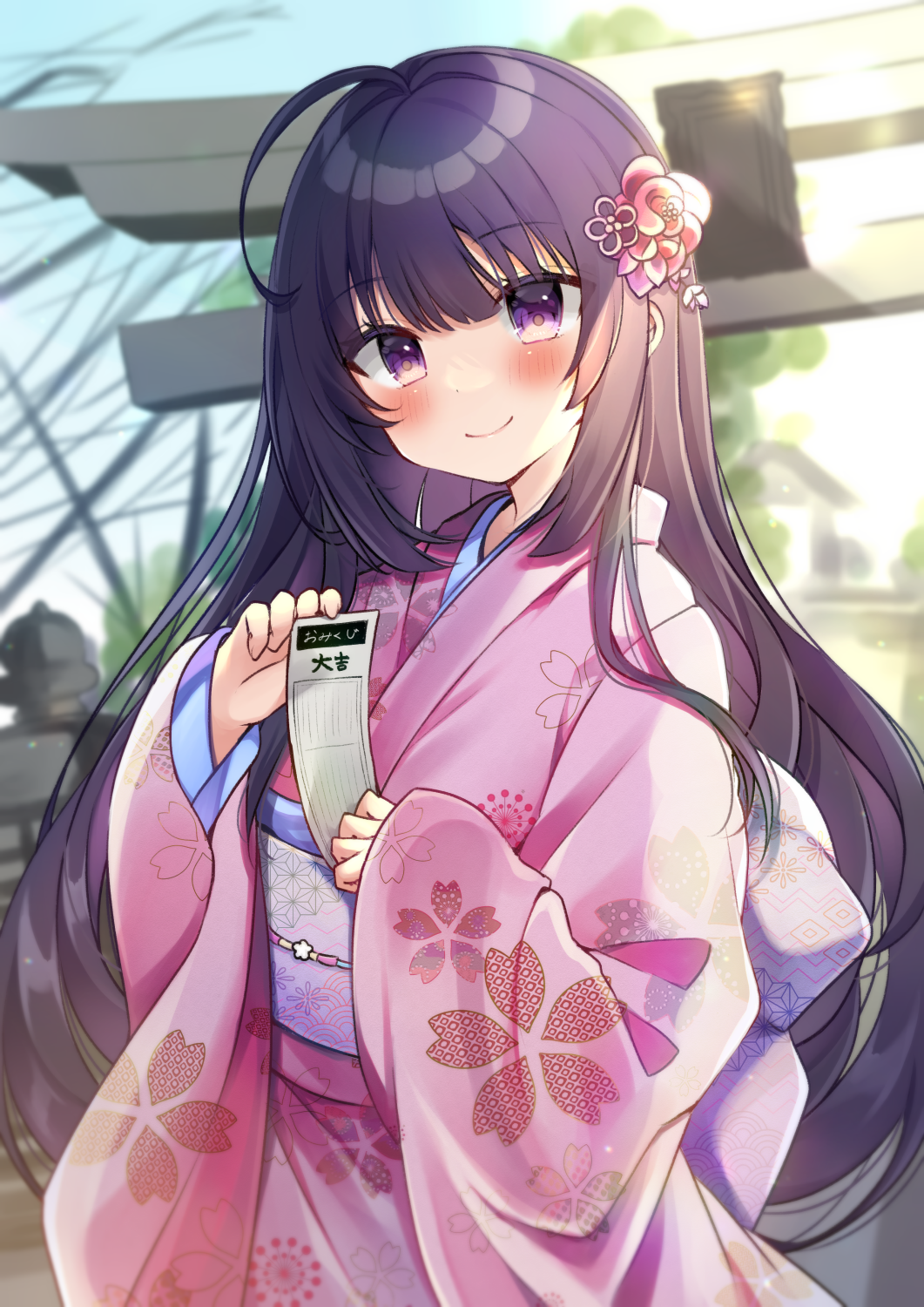 1girl ahoge bangs black_hair blurry blurry_background blush closed_mouth commentary_request day depth_of_field eyebrows_visible_through_hair floral_print flower hair_between_eyes hair_flower hair_ornament hatsumoude highres holding japanese_clothes kimono long_hair long_sleeves looking_at_viewer minami_saki obi omikuji original outdoors pink_kimono print_kimono red_flower sash sleeves_past_wrists smile solo torii very_long_hair violet_eyes wide_sleeves