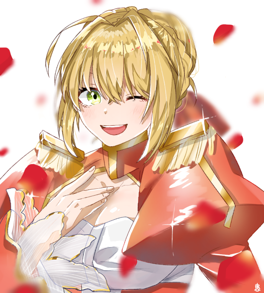1girl aestus_estus ahoge blonde_hair braid breasts cleavage commentary_request dress epaulettes fate/extra fate/grand_order fate_(series) french_braid green_eyes hair_intakes hair_ribbon juliet_sleeves large_breasts long_sleeves nero_claudius_(fate) nero_claudius_(fate)_(all) open_mouth pokaririri_ puffy_sleeves red_dress red_ribbon ribbon saber_extra see-through solo wide_sleeves