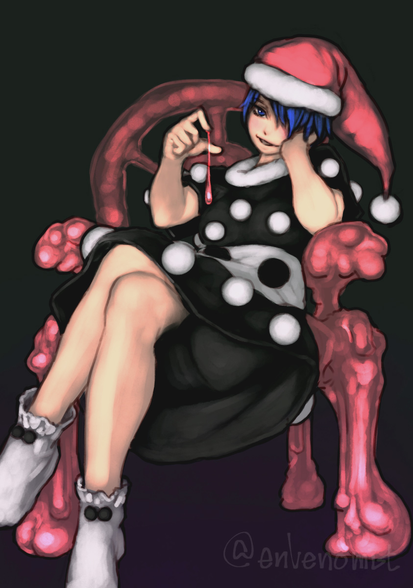1girl blue_eyes blue_hair crossed_legs doremy_sweet dress elbow_rest gengoroumaru_(ambidextrous) hair_over_one_eye hand_up hat head_rest highres looking_at_viewer nightcap no_shoes parted_lips pom_pom_(clothes) sitting slime_(substance) smirk socks solo touhou twitter_username