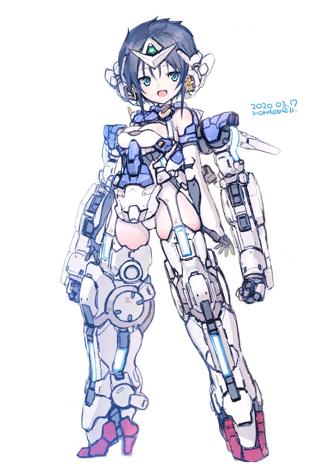 1girl black_hair boots breasts clenched_hands extra_arms green_eyes gundam gundam_00 gundam_exia highres mecha_musume mechanical_arms medium_breasts metal_boots open_hands open_mouth personification rondo_bell short_hair smile solo standing thigh-highs thigh_boots v-fin