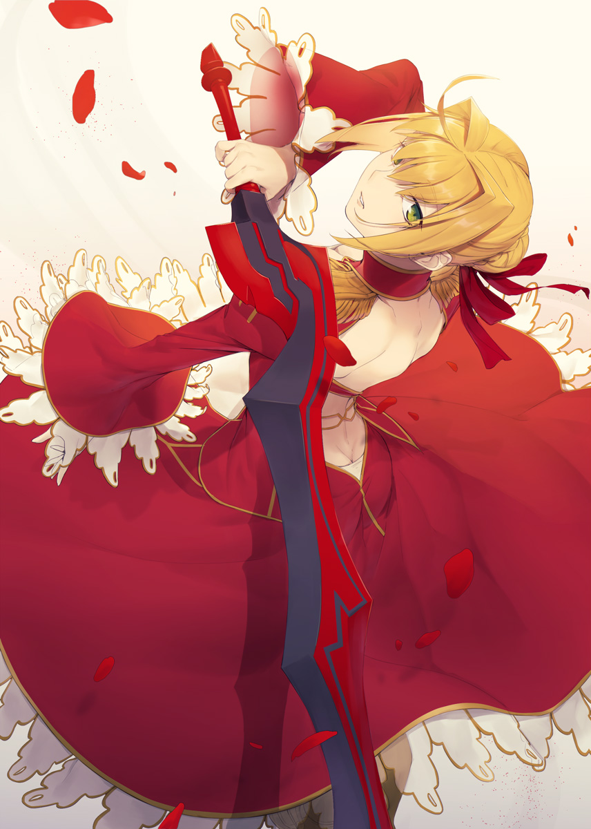 1girl aestus_estus ahoge blonde_hair braid breasts cleavage commentary_request dress epaulettes fate/extra fate/grand_order fate_(series) french_braid green_eyes hair_intakes hair_ribbon juliet_sleeves kororing large_breasts long_sleeves nero_claudius_(fate) nero_claudius_(fate)_(all) open_mouth puffy_sleeves red_dress red_ribbon ribbon saber_extra see-through solo wide_sleeves