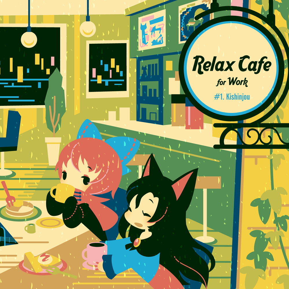 2girls album_cover animal_ears animal_print black_dress black_eyes blue_bow blue_dress blush bow brooch brown_hair cake cake_slice capelet cat_print chair closed_eyes cover cup dress drinking eyebrows_visible_through_hair food fork hair_bow holding holding_cup imaizumi_kagerou jewelry long_hair looking_at_another mug multiple_girls open_mouth pancake plant plate potted_plant red_capelet redhead sekibanki shinonoko sitting table touhou wolf_ears