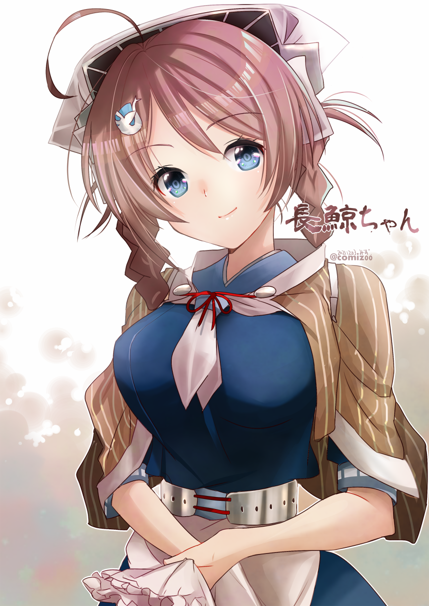 1girl ahoge apron artist_name bandana bangs blue_serafuku blue_skirt braid breasts brown_hair character_name chougei_(kancolle) dated gradient gradient_background hair_ornament hairclip headgear highres kantai_collection kimura_shiki large_breasts long_hair looking_at_viewer neckerchief school_uniform serafuku skirt smile solo swept_bangs translated twin_braids twitter_username upper_body waist_apron white_apron white_neckwear