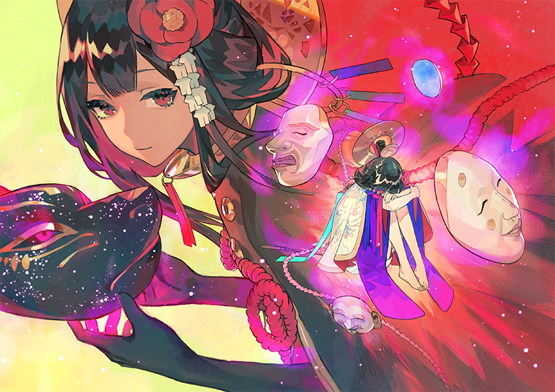 2girls barefoot black_hair dual_persona elbow_gloves flower fox_mask gloves glowing hair_flower hair_ornament holding holding_mask hugging_own_legs japanese_clothes looking_to_the_side mask menreiki multiple_girls noh_mask onmyoji qiqu red_eyes smile