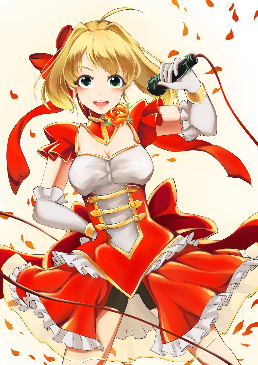 1girl aestus_estus ahoge blonde_hair braid breasts cleavage commentary_request dress epaulettes fate/extra fate/grand_order fate_(series) french_braid green_eyes hair_intakes hair_ribbon juliet_sleeves large_breasts long_sleeves microphone nero_claudius_(fate) nero_claudius_(fate)_(all) open_mouth puffy_sleeves red_dress red_ribbon ribbon royce_(pixiv2353936) saber_extra see-through solo wide_sleeves