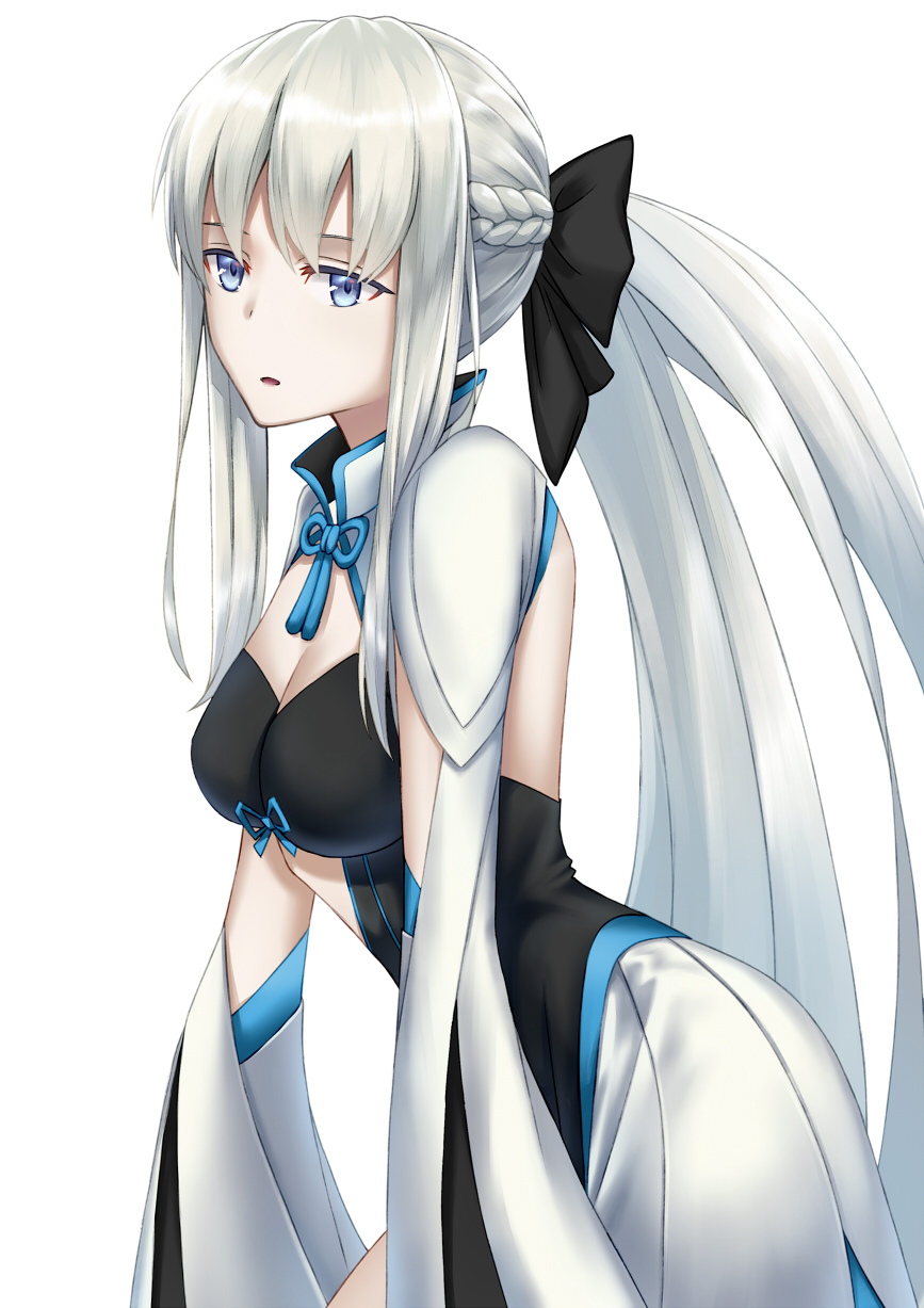 1girl bangs black_bow black_dress blue_eyes bow breasts center_opening cleavage_cutout closed_mouth clothing_cutout commentary dress eyebrows_visible_through_hair fate/grand_order fate_(series) fingernails hair_between_eyes hair_bow hair_ornament highres holding holding_staff holding_weapon large_breasts long_hair long_sleeves looking_at_viewer morgan_le_fay_(fate) naga__777 navel night night_sky outdoors outstretched_arm ponytail pubic_tattoo serious sidelocks silver_hair sky solo staff star_(sky) tattoo tiara tree two-tone_dress upper_body very_long_hair weapon white_dress wide_sleeves