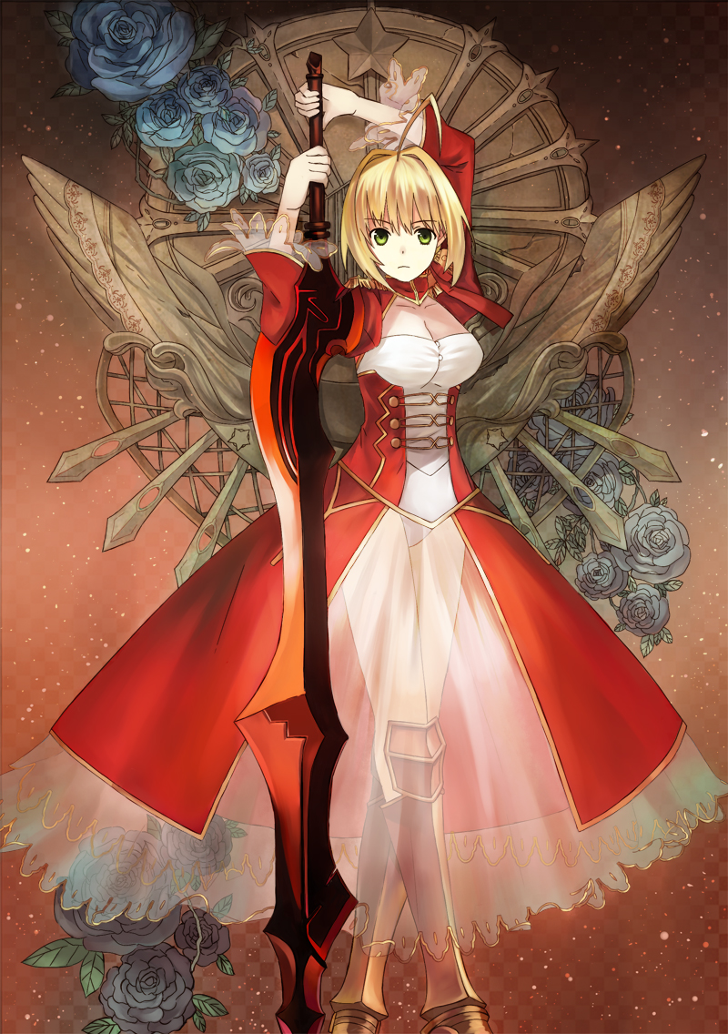 1girl aestus_estus ahoge blonde_hair braid breasts cleavage commentary_request dress epaulettes fate/extra fate/grand_order fate_(series) french_braid green_eyes hair_intakes hair_ribbon juliet_sleeves large_breasts lianzirong long_sleeves nero_claudius_(fate) nero_claudius_(fate)_(all) open_mouth puffy_sleeves red_dress red_ribbon ribbon saber_extra see-through solo sword weapon wide_sleeves