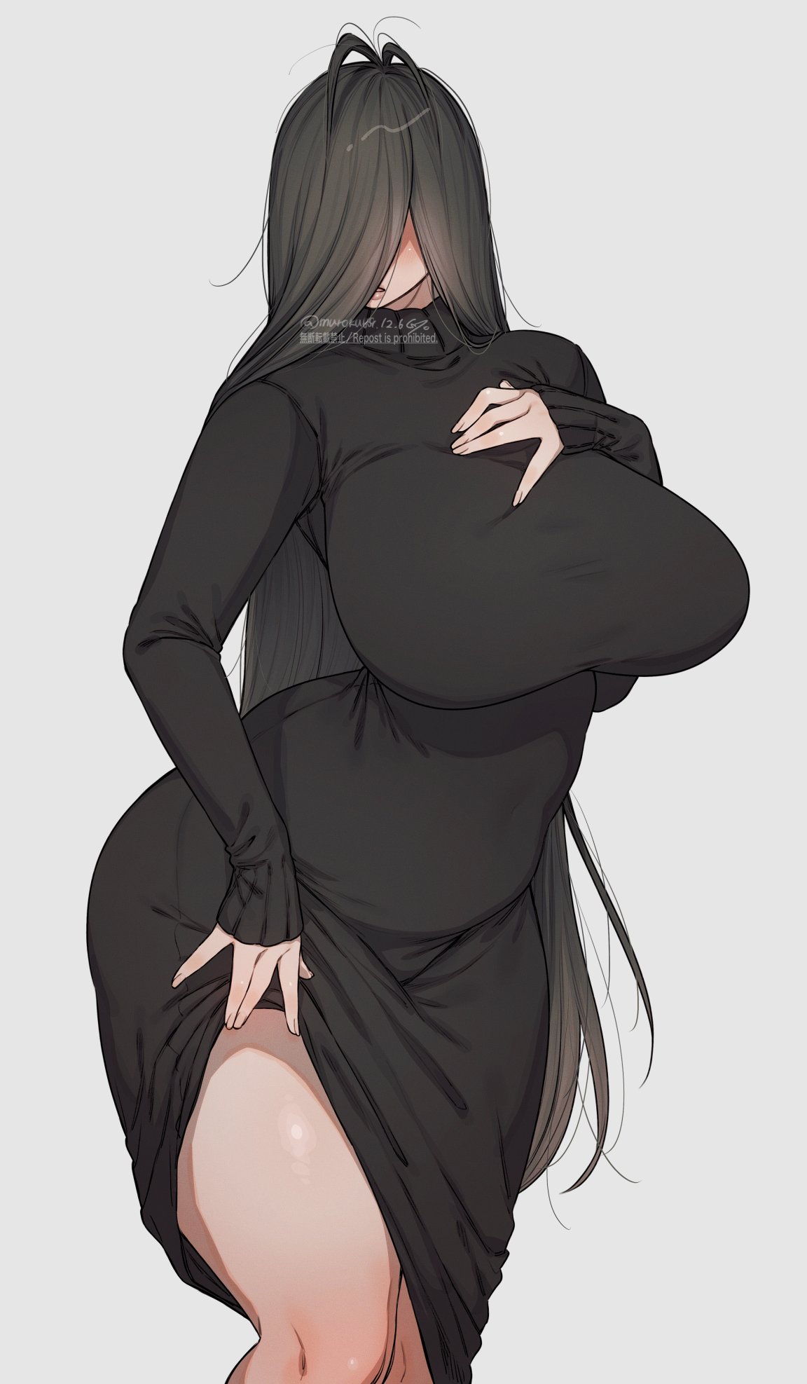 1girl black_dress breasts clothes_lift covered_eyes cowboy_shot dress dress_lift grey_background hair_over_eyes hand_up highres huge_breasts long_dress long_hair long_sleeves messy_hair muroku_(aimichiyo0526) original parted_lips simple_background solo symbol-only_commentary very_long_hair