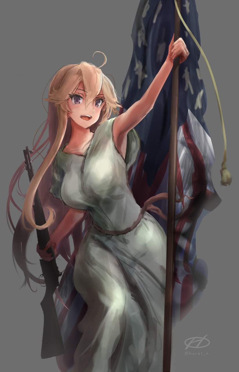 1girl alternate_costume alternate_eye_color american_flag blonde_hair breasts dress flag gun haruto_(harut_n) highres holding holding_flag holding_gun holding_weapon iowa_(kancolle) kantai_collection large_breasts liberty_leading_the_people long_hair sleeveless sleeveless_dress solo violet_eyes weapon white_dress