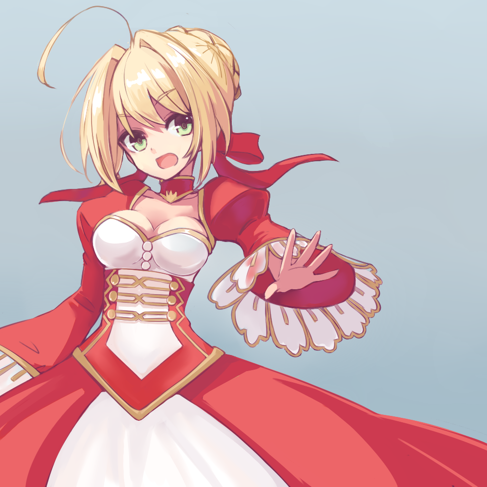 1girl aestus_estus ahoge blonde_hair braid breasts cleavage commentary_request dress epaulettes fate/extra fate/grand_order fate_(series) french_braid green_eyes hair_intakes hair_ribbon juliet_sleeves large_breasts long_sleeves nekotani_nora nero_claudius_(fate) nero_claudius_(fate)_(all) open_mouth puffy_sleeves red_dress red_ribbon ribbon saber_extra see-through solo wide_sleeves