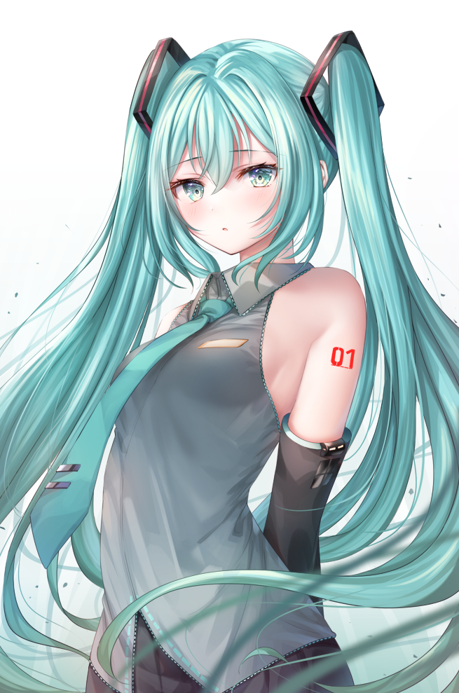 1girl bangs bare_shoulders black_skirt black_sleeves blush breasts collared_shirt eyebrows_visible_through_hair gradient gradient_background green_eyes green_hair grey_background grey_shirt hair_between_eyes hatsune_miku long_hair looking_at_viewer murano parted_lips pleated_skirt shirt skirt sleeveless sleeveless_shirt small_breasts solo tie_clip twintails very_long_hair vocaloid white_background
