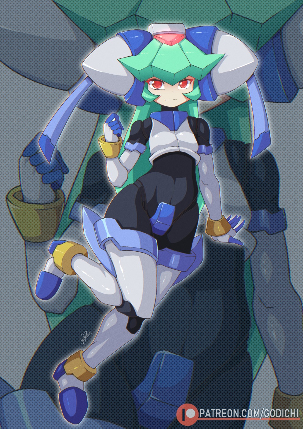 1girl android bangs black_suit blue_gloves bodysuit breasts closed_mouth formal full_body gloves godichi green_hair grey_background hair_between_eyes hand_up helmet highres humanoid_robot leg_up long_hair looking_at_viewer mega_man_(series) mega_man_zx pandora_(mega_man) pandora_(rockman) patreon_username red_eyes ruby_(gemstone) signature small_breasts solo standing suit white_gloves white_suit