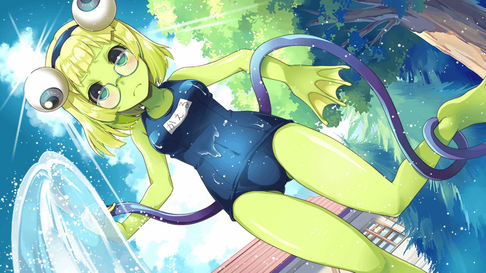 1girl anura_(monster_musume) artist_request bangs blonde_hair blue_hairband blush clouds colored_skin competition_school_swimsuit extra_eyes frog_girl frown full_body game_cg glasses green_eyes green_skin hairband holding holding_hose hose looking_at_viewer monster_girl monster_musume_no_iru_nichijou monster_musume_no_iru_nichijou_online official_art outdoors solo swimsuit tree water webbed_hands wet