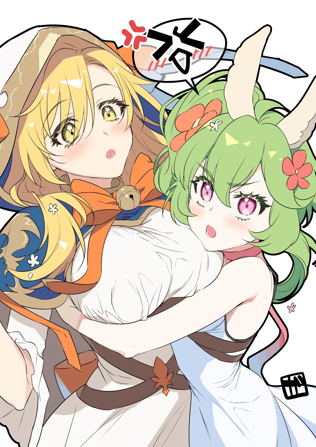 2girls alpaca_ears animal_ears bangs bare_shoulders blonde_hair breasts capelet dress eyebrows_visible_through_hair flower flower_girl_bari gdtl_gawain1 green_hair guardian_tales hair_flower hair_ornament highres hug large_breasts looking_at_another mayreel_(guardian_tales) multiple_girls open_mouth pink_eyes side_ponytail sleeveless speech_bubble white_background white_dress yellow_eyes