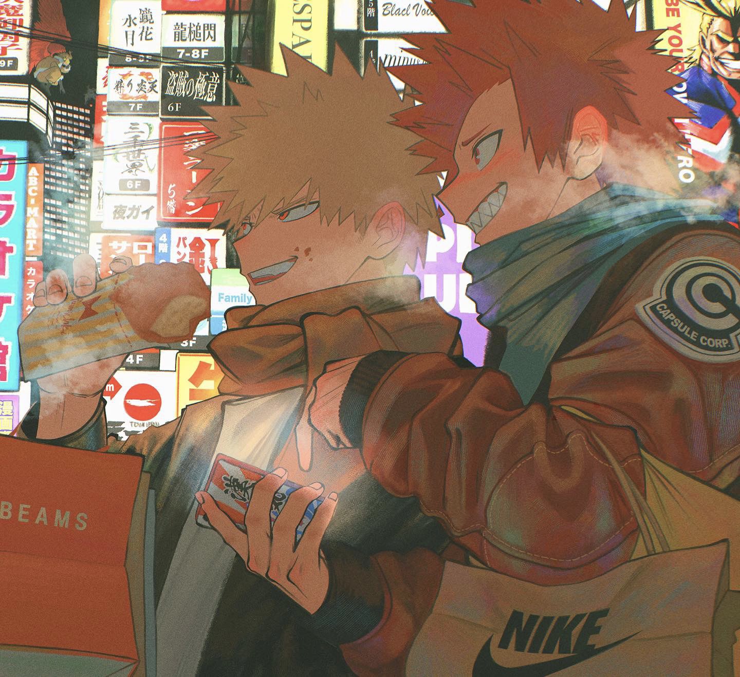 2boys ad bag bakugou_katsuki blonde_hair boku_no_hero_academia bomber_jacket breath cellphone city_lights cityscape food food_on_face highres holding holding_phone jacket kirishima_eijirou leather leather_jacket logo looking_ahead male_focus multiple_boys neon_lights outdoors phone pointing red_eyes redhead scarf screen_light sharp_teeth shopping_bag short_hair smile spiky_hair steam teeth urachan1629 winter_clothes