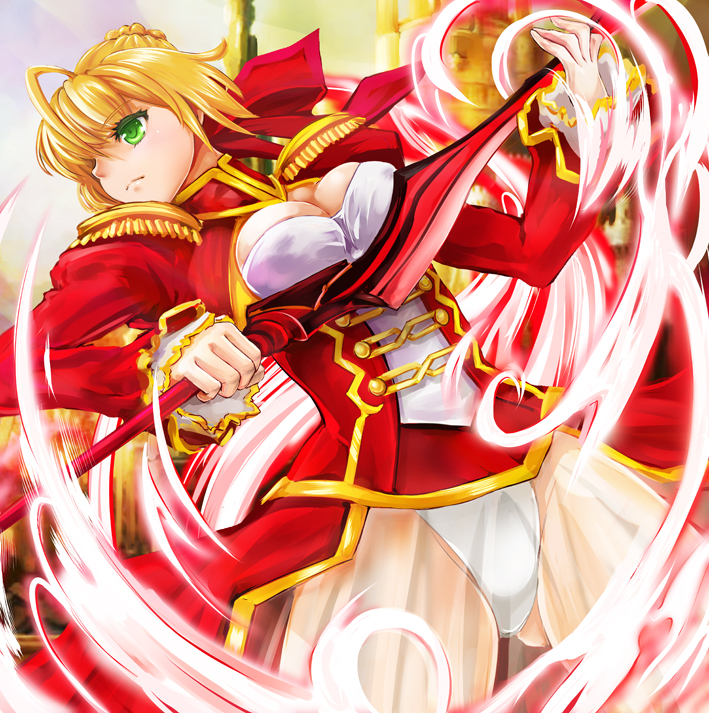 1girl aestus_estus ahoge blonde_hair braid breasts cleavage commentary_request dress epaulettes fate/extra fate/grand_order fate_(series) french_braid green_eyes hair_intakes hair_ribbon juliet_sleeves large_breasts long_sleeves nero_claudius_(fate) nero_claudius_(fate)_(all) open_mouth puffy_sleeves red_dress red_ribbon ribbon saber_extra see-through solo sword weapon wide_sleeves yamako777